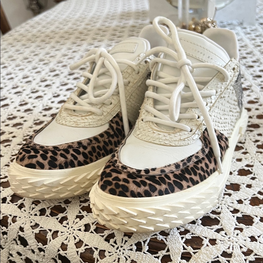 Giuseppe Zanotti White and Leopard Sneakers